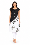 Women’s Black & White Printed Kurti | Poly Crepe | Round Neck | Knee Length Casual Kurta for Women | Bird Print Design | Regular Fit | XL & XXL