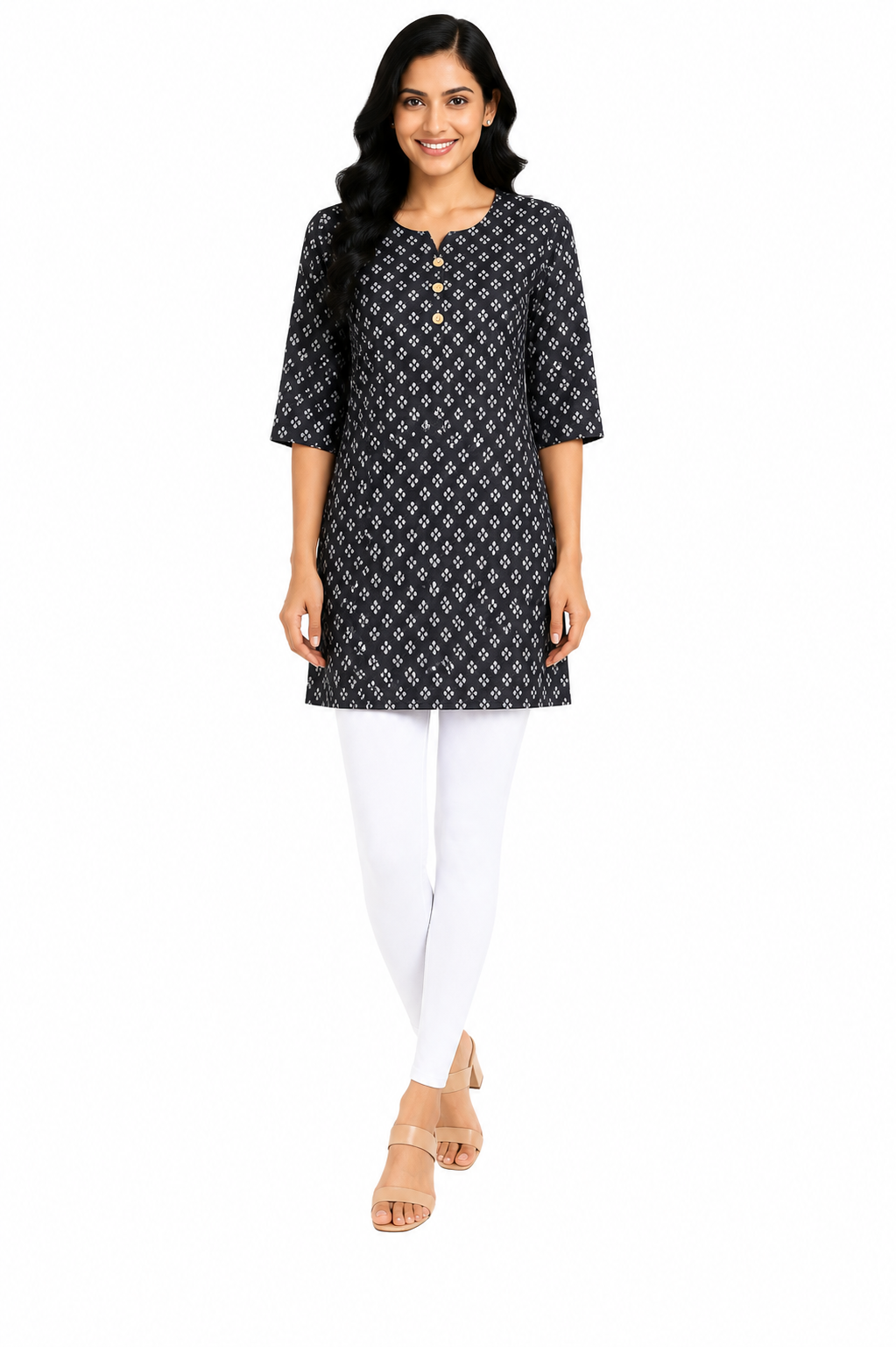 Women’s Floral Printed Crepe Kurti | 3/4 Sleeve | Knee Length Straight Kurta for Women | Casual Office Wear | L