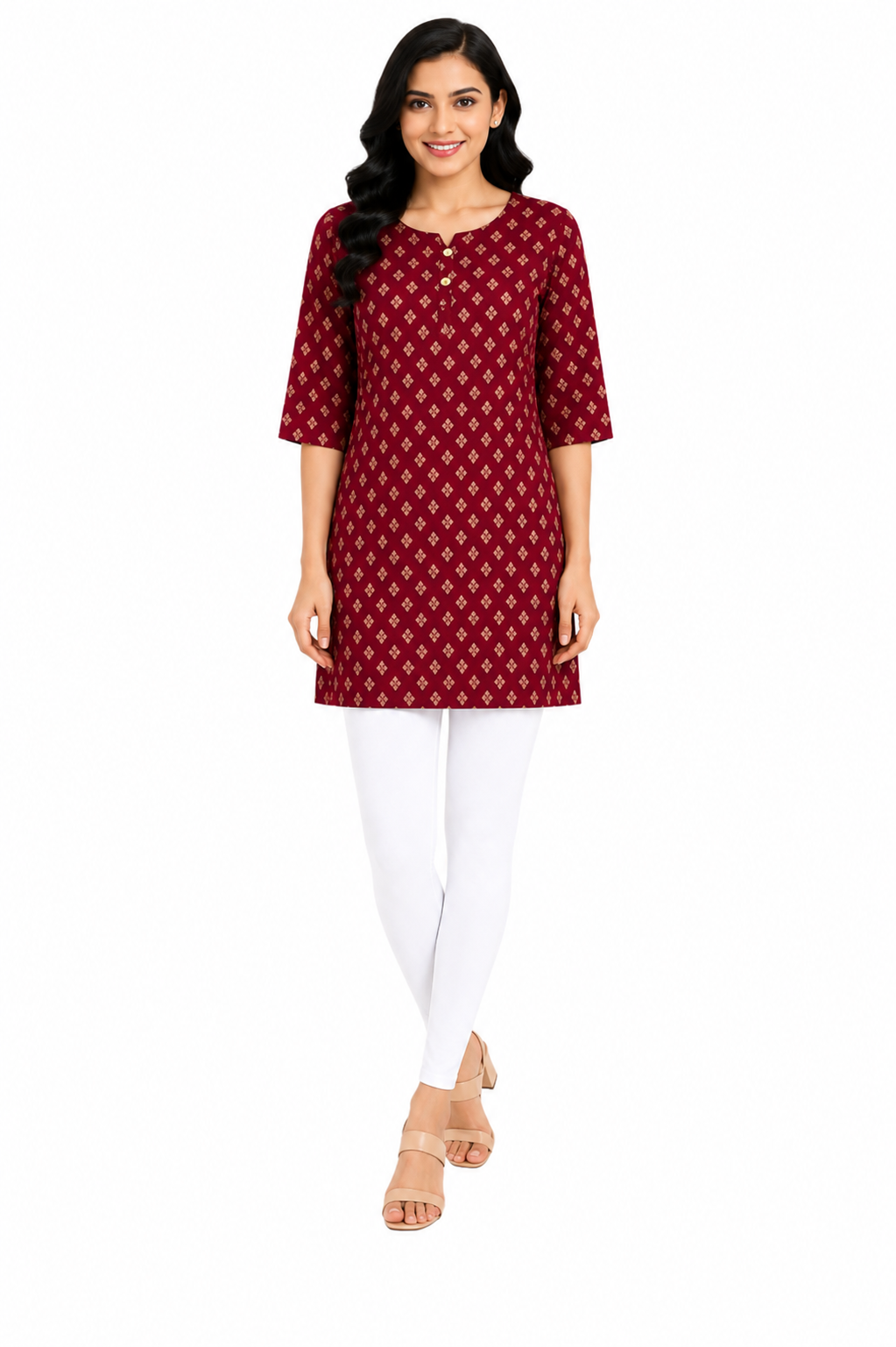 Women’s Floral Printed Crepe Kurti | 3/4 Sleeve | Knee Length Straight Kurta for Women | Casual Office Wear | L