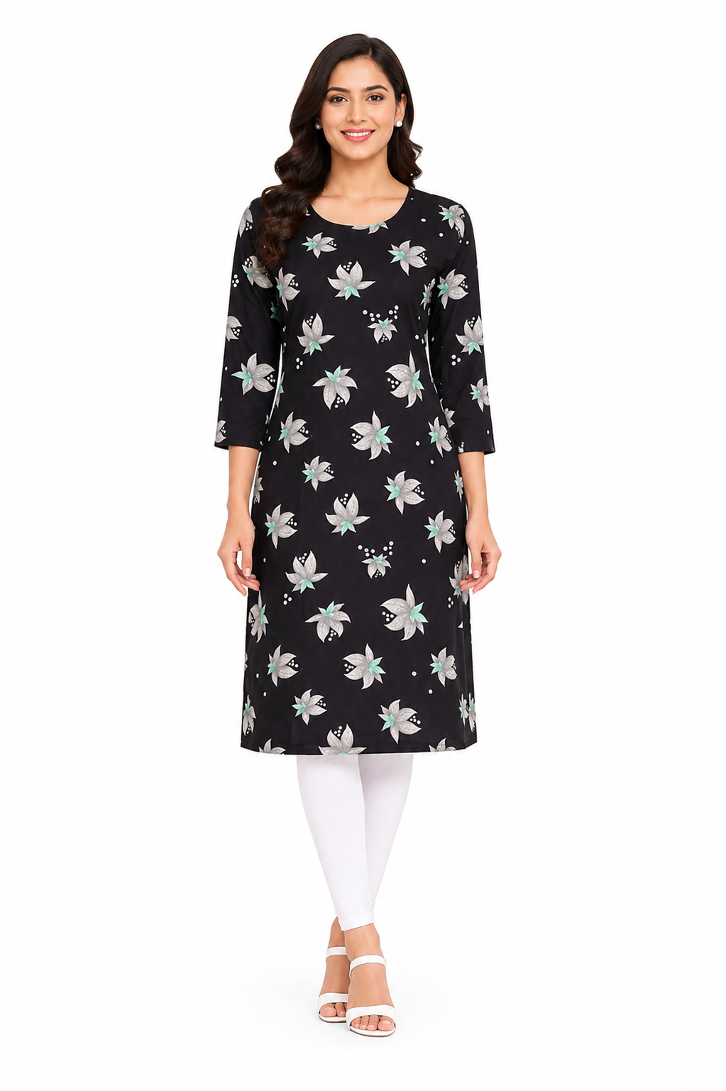 Women’s Blue Floral Printed Kurti | Poly Crepe | Knee Length Kurta for Women | 3/4 Sleeve Casual & Office Wear | Regular Fit | S