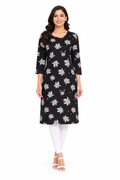 Women’s Blue Floral Printed Kurti | Poly Crepe | Knee Length Kurta for Women | 3/4 Sleeve Casual & Office Wear | Regular Fit | S