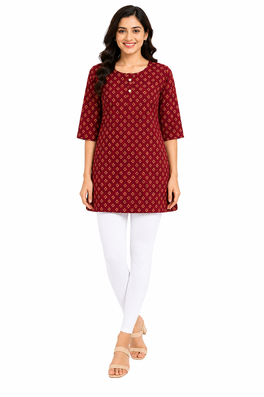 Women’s Floral Printed Crepe Kurti | 3/4 Sleeve | Knee Length Straight Kurta for Women | Casual Office Wear | L