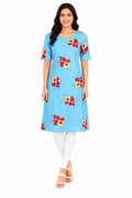 Women’s Sky Blue Floral Printed Poly Crepe Kurti | Round Neck | Half Sleeve | Knee Length Casual Kurta for Women | M Size