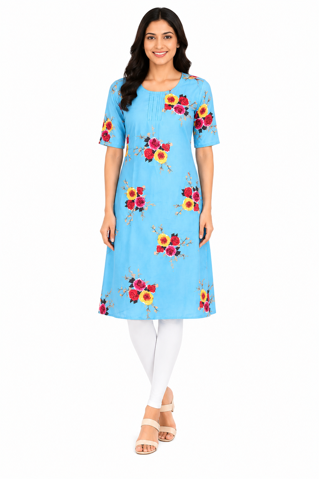 Women’s Sky Blue Floral Printed Poly Crepe Kurti | Round Neck | Half Sleeve | Knee Length Casual Kurta for Women | M Size