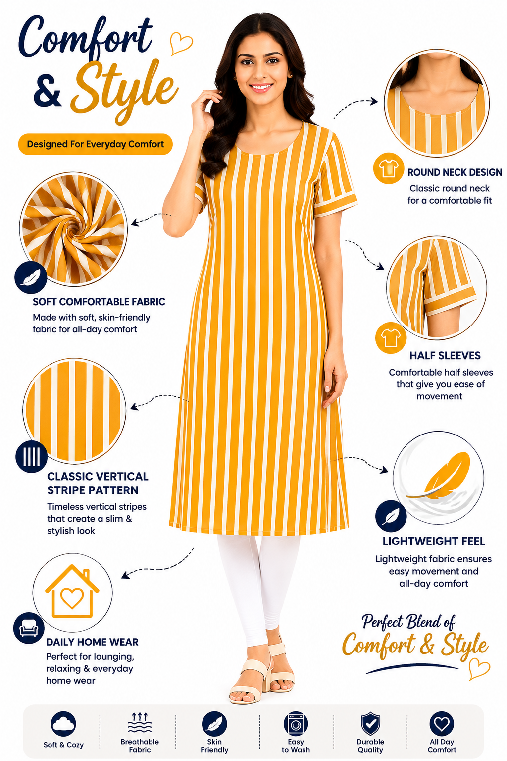 Women’s Mustard Yellow Printed Kurti | Poly Crepe | Knee Length Kurta for Women | Round Neck Short Sleeve Casual Regular Fit | M