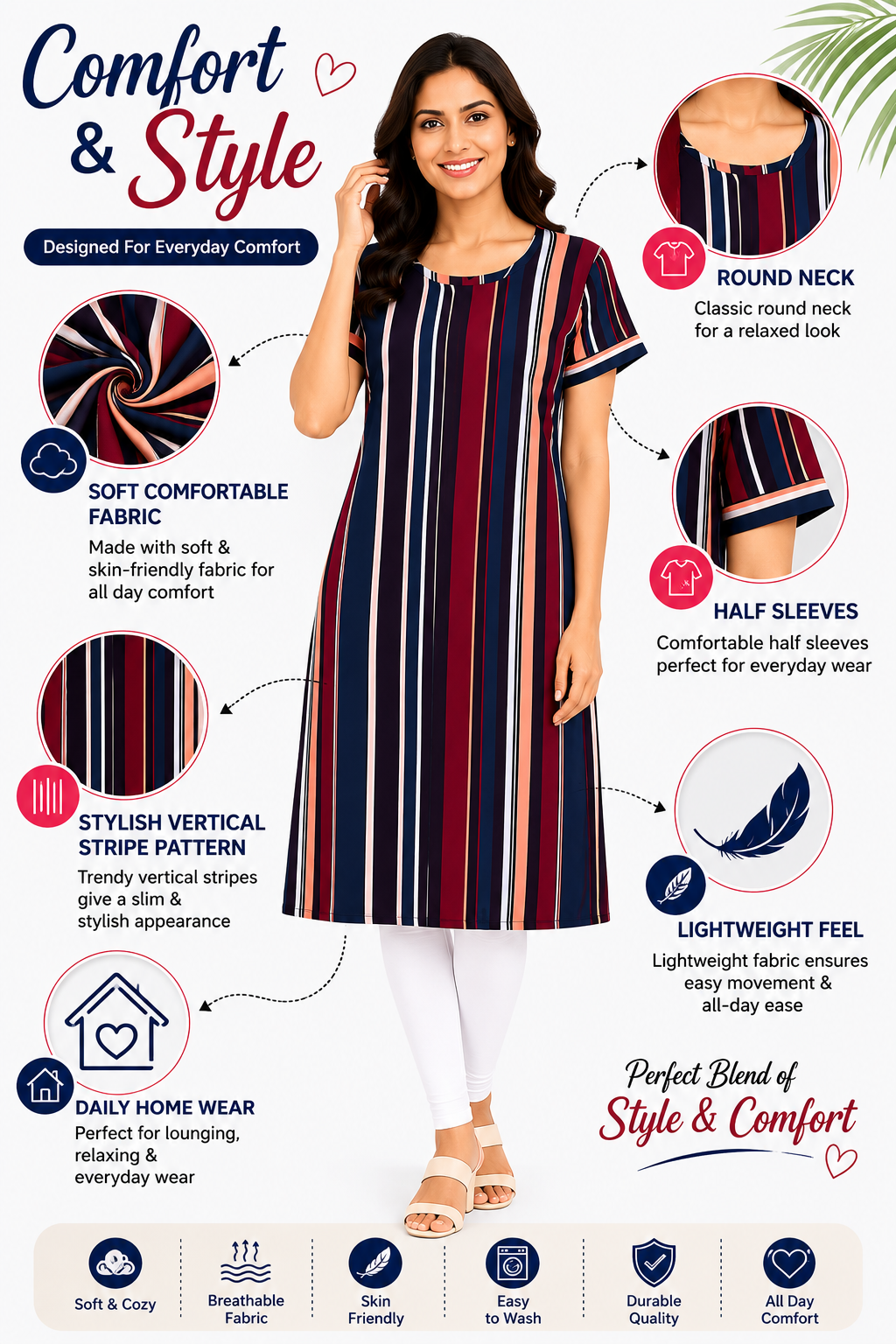 Women’s Printed Poly Crepe Kurti | Knee Length Round Neck Half Sleeve Casual Wear Kurti | M Size Navy Blue