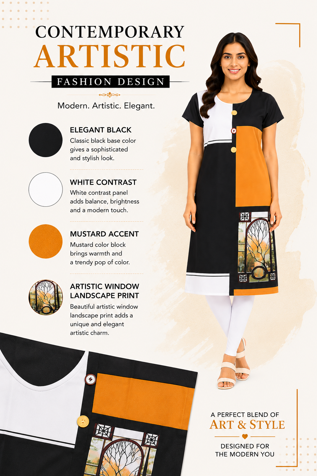 Women’s Printed Poly Crepe Kurti | Round Neck Short Sleeve Knee Length Casual Wear Kurti in M Size Black