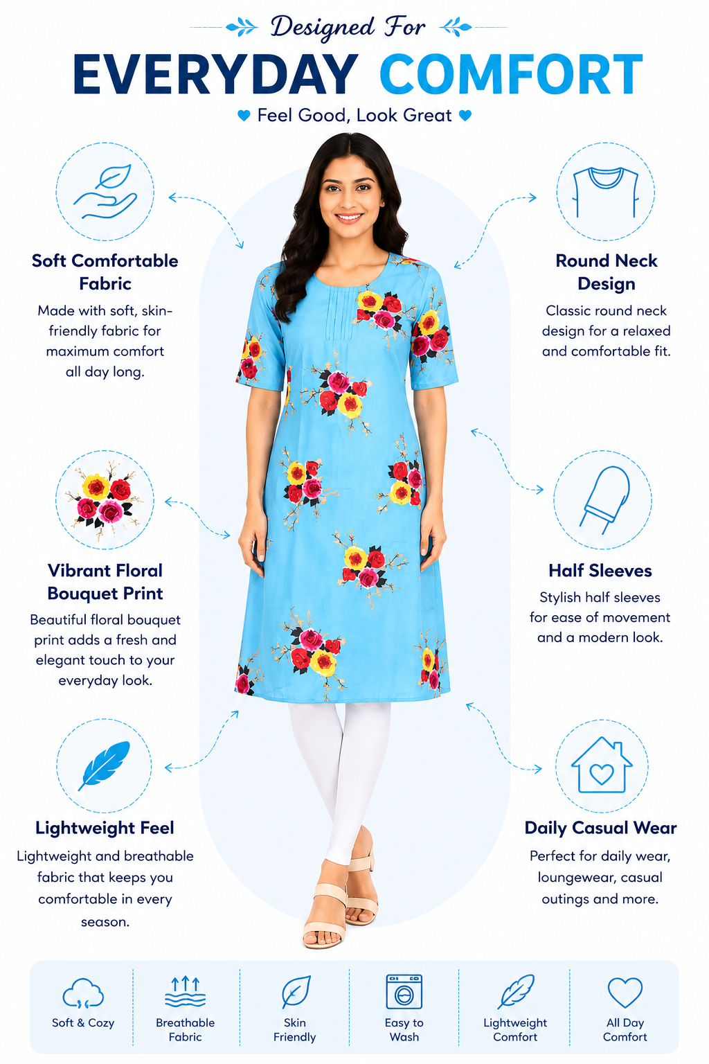 Women’s Sky Blue Floral Printed Poly Crepe Kurti | Round Neck | Half Sleeve | Knee Length Casual Kurta for Women | M Size