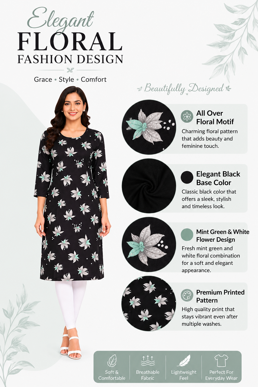 Women’s Blue Floral Printed Kurti | Poly Crepe | Knee Length Kurta for Women | 3/4 Sleeve Casual & Office Wear | Regular Fit | S
