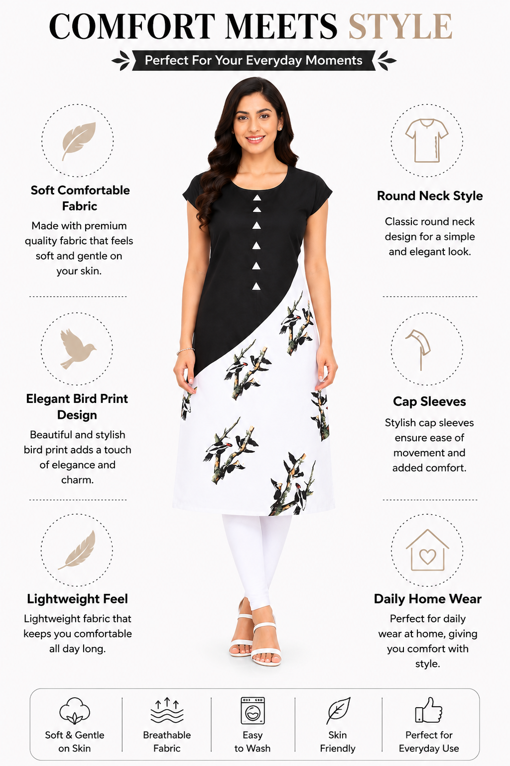 Women’s Black & White Printed Kurti | Poly Crepe | Round Neck | Knee Length Casual Kurta for Women | Bird Print Design | Regular Fit | XL & XXL