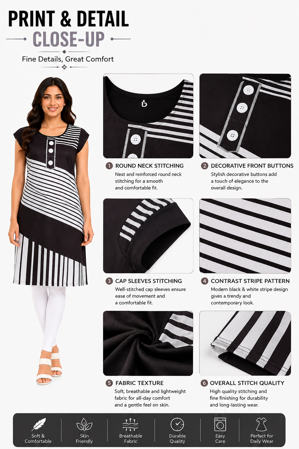 Women’s Printed Poly Crepe Kurti | Diagonal Stripe Design | Round Neck | Knee Length Kurta for Women | Cap Sleeve Casual & Office Wear | Regular Fit | L & XL