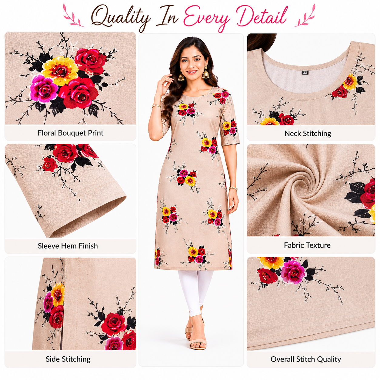 Women’s Floral Printed Poly Crepe Kurti | Knee Length Round Neck Short Sleeve Casual Wear Kurti | M Size Beige
