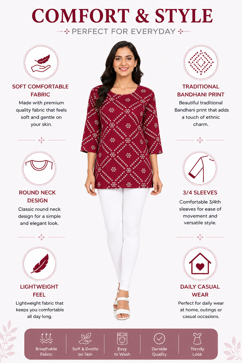 Women’s Burgundy Printed Poly Crepe Kurti | Knee Length Kurta for Women | 3/4 Sleeve Casual & Office Wear | Regular Fit | L