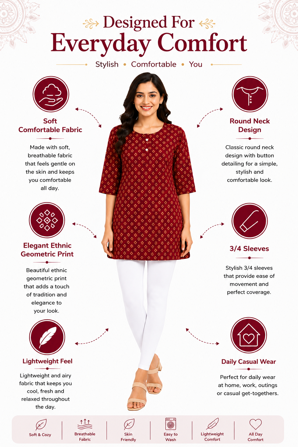 Women’s Floral Printed Crepe Kurti | 3/4 Sleeve | Knee Length Straight Kurta for Women | Casual Office Wear | L