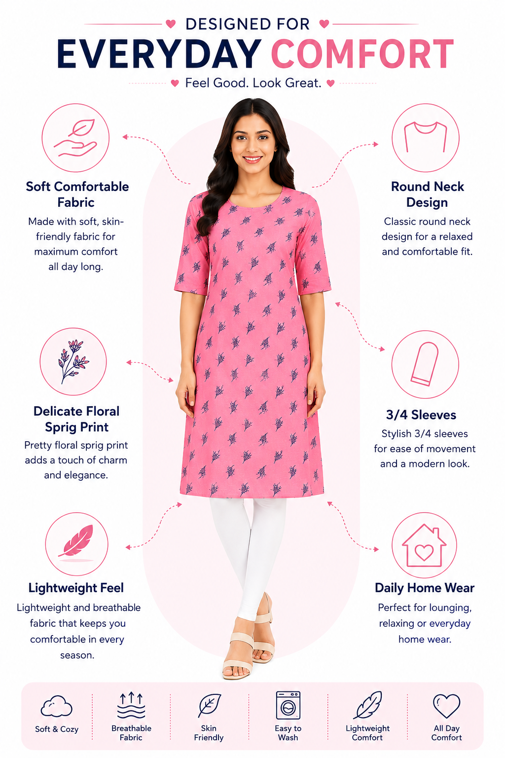 Women’s Printed Poly Crepe Kurti | Knee Length 3/4 Sleeve Casual Office Wear Kurti | XXL Size Pink