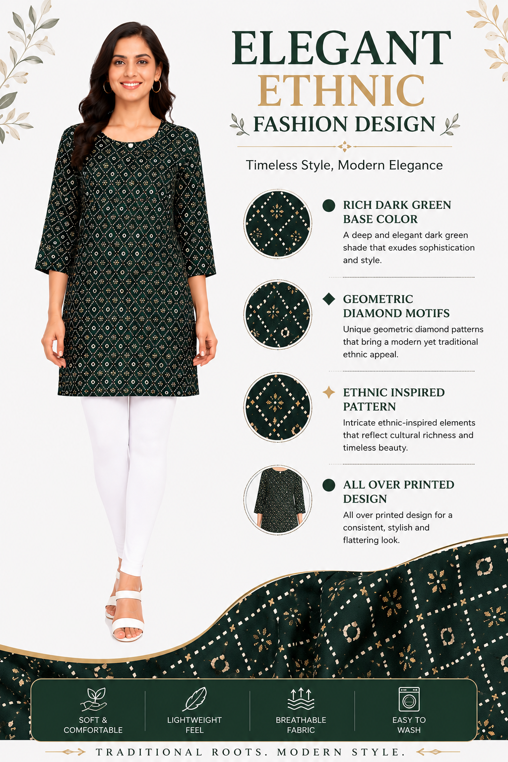Women’s Dark Green Printed Poly Crepe Kurti | Knee Length Kurta for Women | 3/4 Sleeve Casual & Office Wear | Regular Fit | XL
