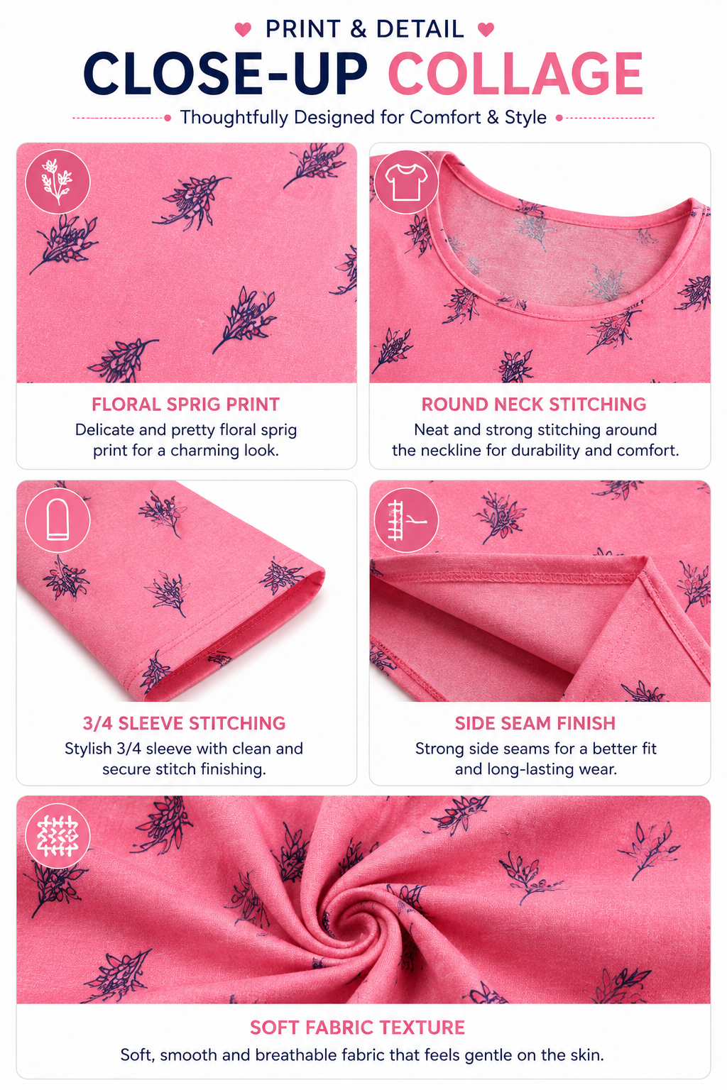 Women’s Printed Poly Crepe Kurti | Knee Length 3/4 Sleeve Casual Office Wear Kurti | XXL Size Pink