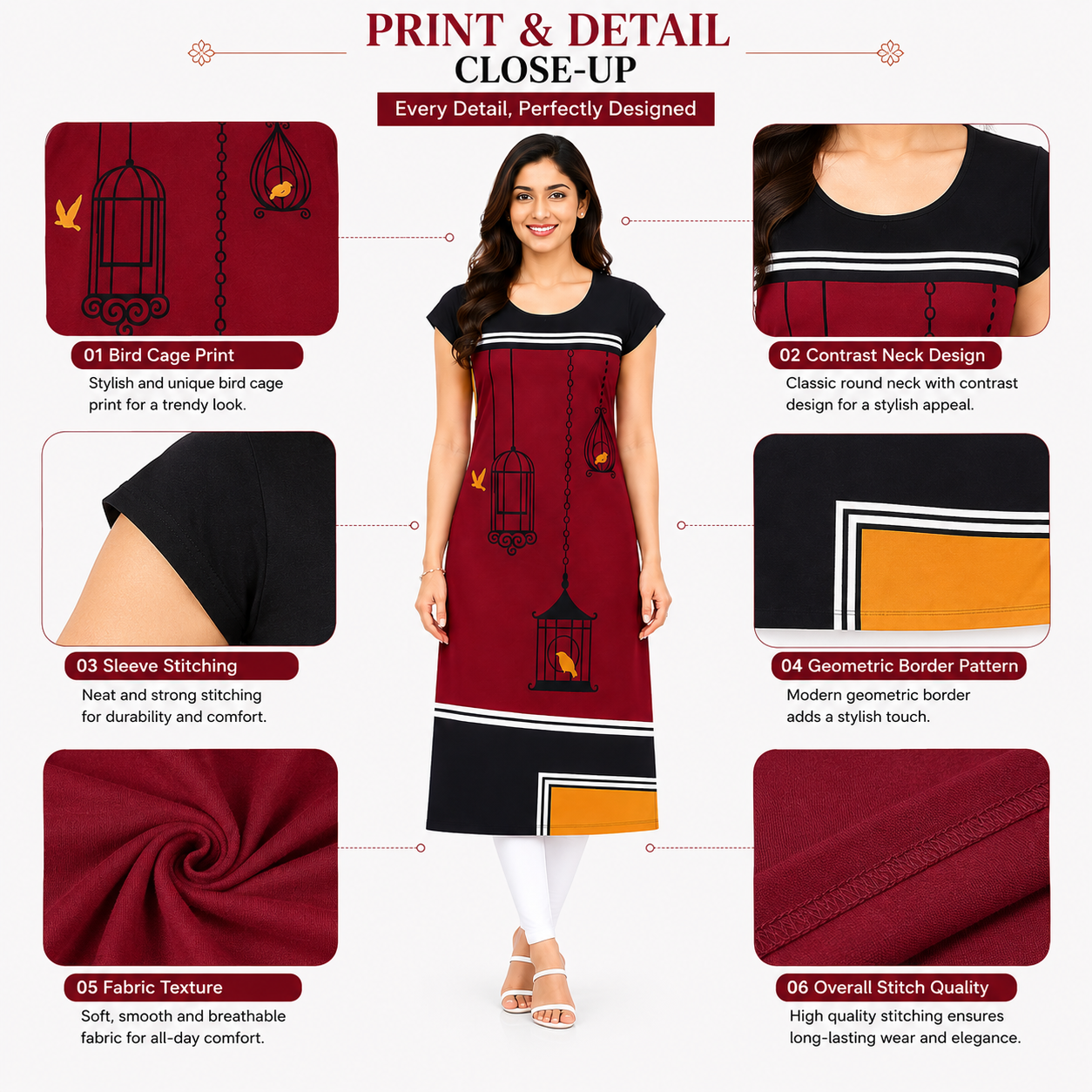 Women’s Burgundy & Black Printed Kurti | Poly Crepe | Knee Length Kurta for Women | Round Neck Casual & Office Wear | Regular Fit | S & XL
