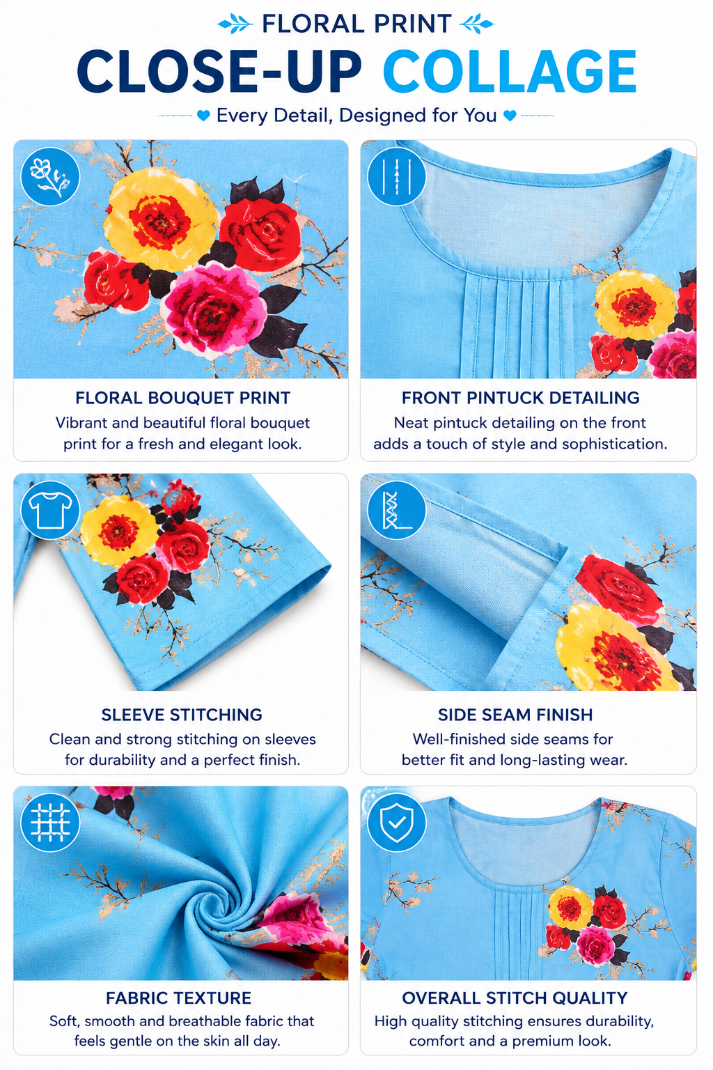 Women’s Sky Blue Floral Printed Poly Crepe Kurti | Round Neck | Half Sleeve | Knee Length Casual Kurta for Women | M Size