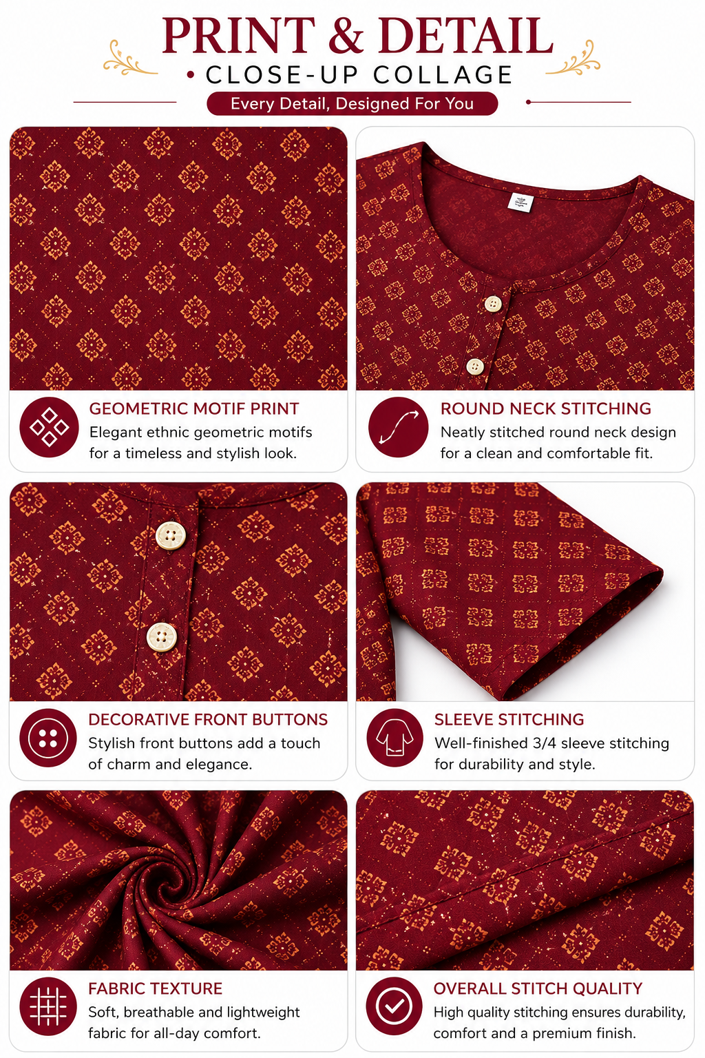 Women’s Floral Printed Crepe Kurti | 3/4 Sleeve | Knee Length Straight Kurta for Women | Casual Office Wear | L