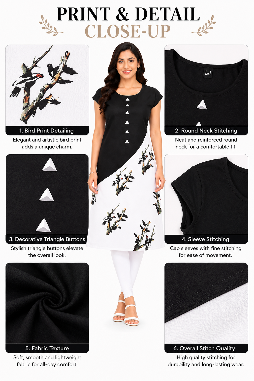 Women’s Black & White Printed Kurti | Poly Crepe | Round Neck | Knee Length Casual Kurta for Women | Bird Print Design | Regular Fit | XL & XXL