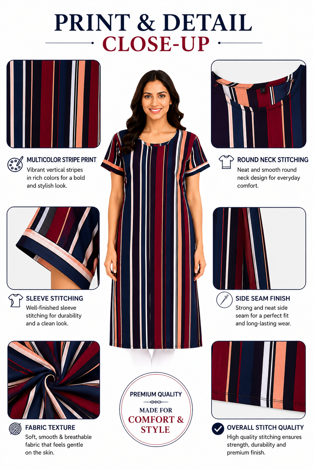Women’s Printed Poly Crepe Kurti | Knee Length Round Neck Half Sleeve Casual Wear Kurti | M Size Navy Blue