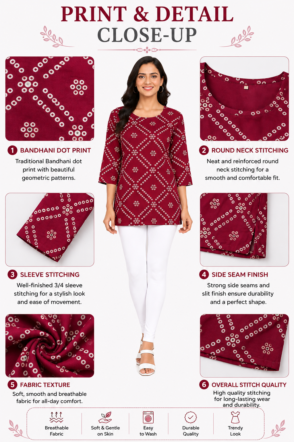 Women’s Burgundy Printed Poly Crepe Kurti | Knee Length Kurta for Women | 3/4 Sleeve Casual & Office Wear | Regular Fit | L