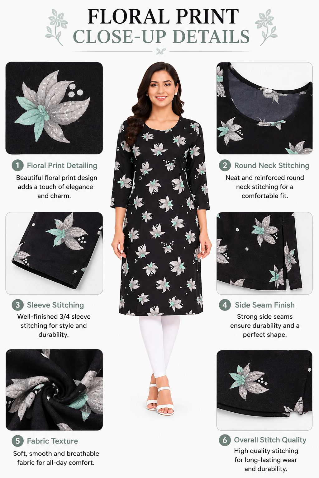Women’s Blue Floral Printed Kurti | Poly Crepe | Knee Length Kurta for Women | 3/4 Sleeve Casual & Office Wear | Regular Fit | S