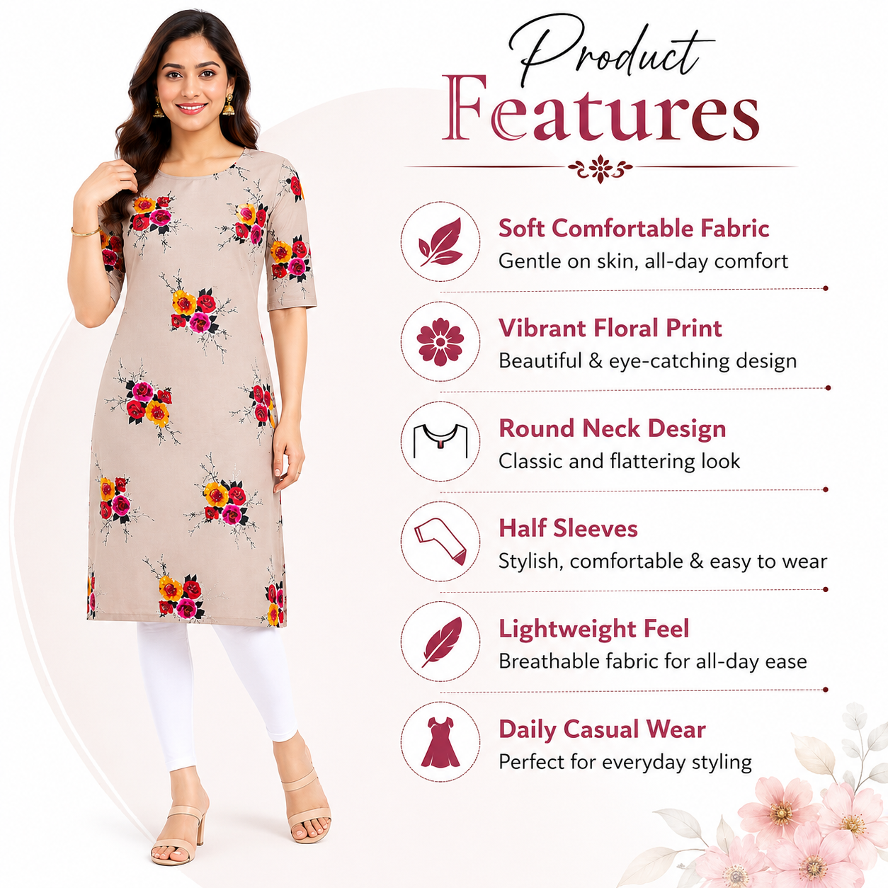 Women’s Floral Printed Poly Crepe Kurti | Knee Length Round Neck Short Sleeve Casual Wear Kurti | M Size Beige