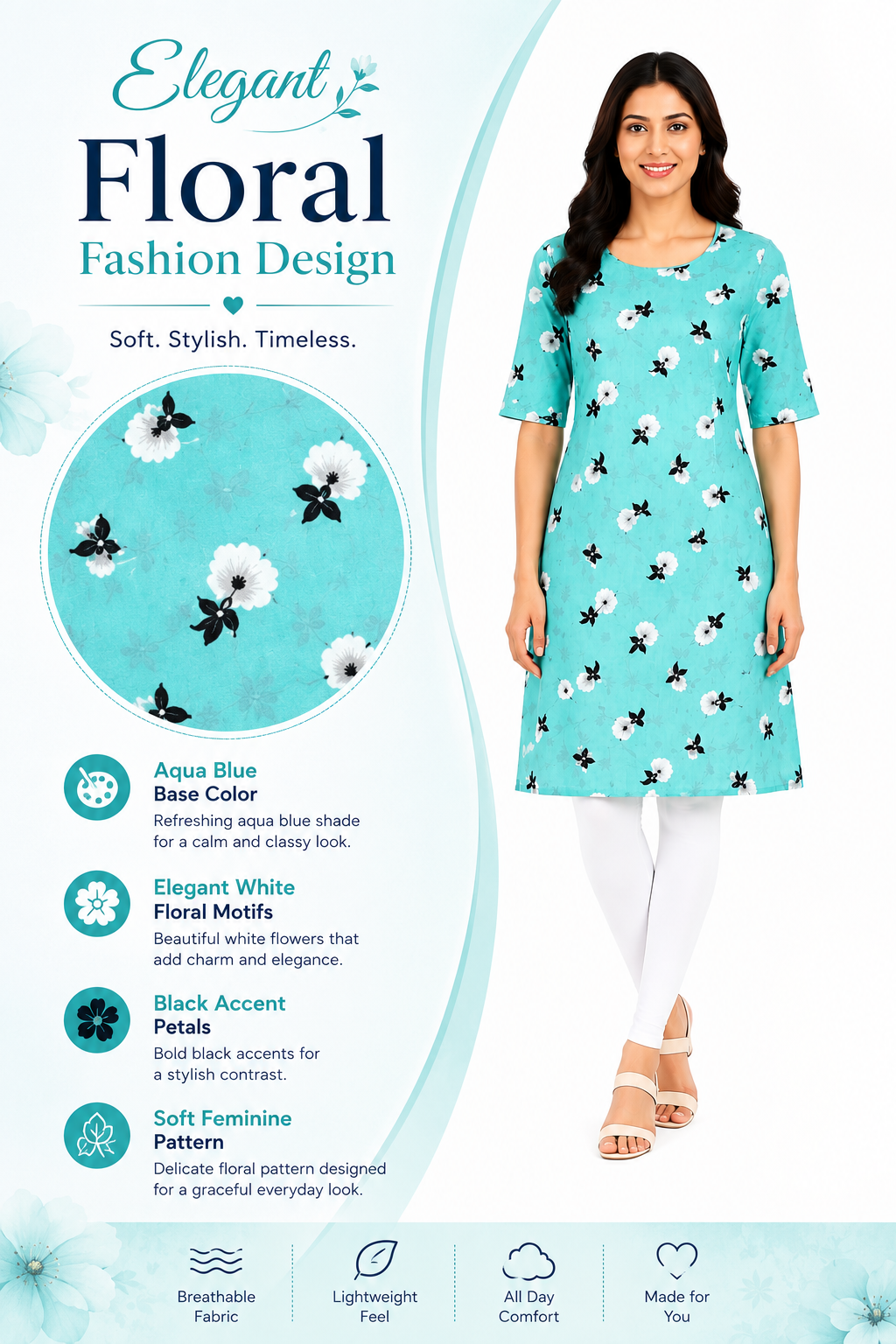 Women’s Parrot Green Printed Kurti | Poly Crepe | 3/4 Sleeve | Knee Length Casual Kurta for Women | Floral Design | XL