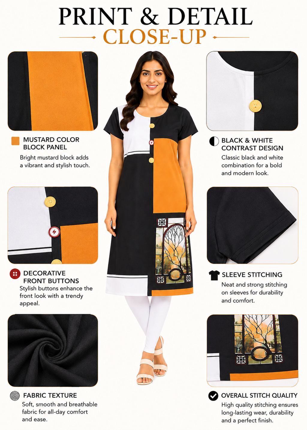 Women’s Printed Poly Crepe Kurti | Round Neck Short Sleeve Knee Length Casual Wear Kurti in M Size Black