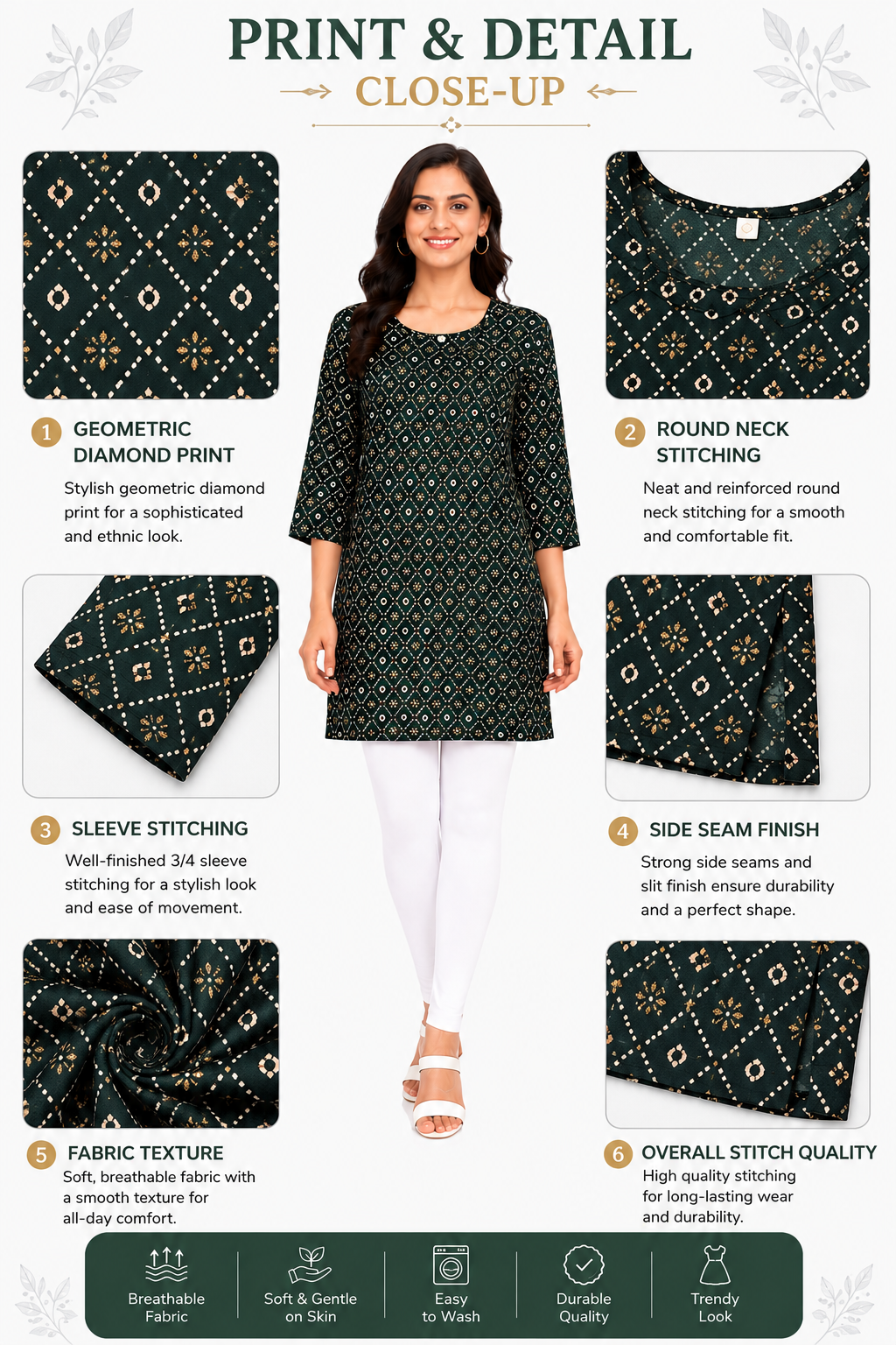 Women’s Dark Green Printed Poly Crepe Kurti | Knee Length Kurta for Women | 3/4 Sleeve Casual & Office Wear | Regular Fit | XL