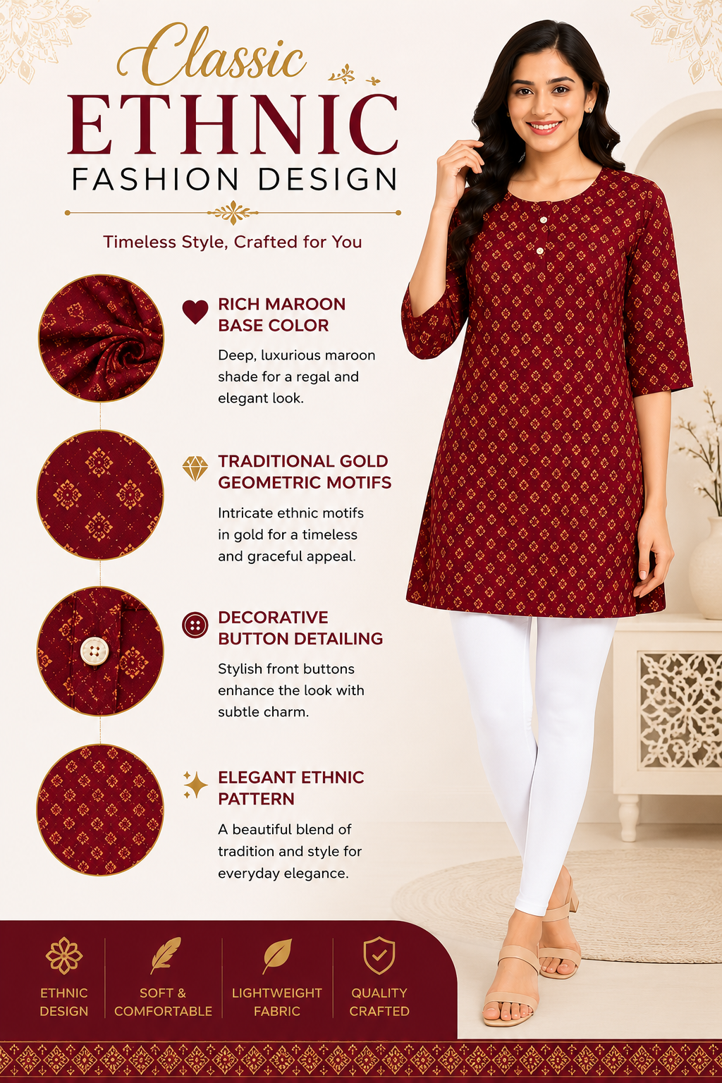 Women’s Floral Printed Crepe Kurti | 3/4 Sleeve | Knee Length Straight Kurta for Women | Casual Office Wear | L