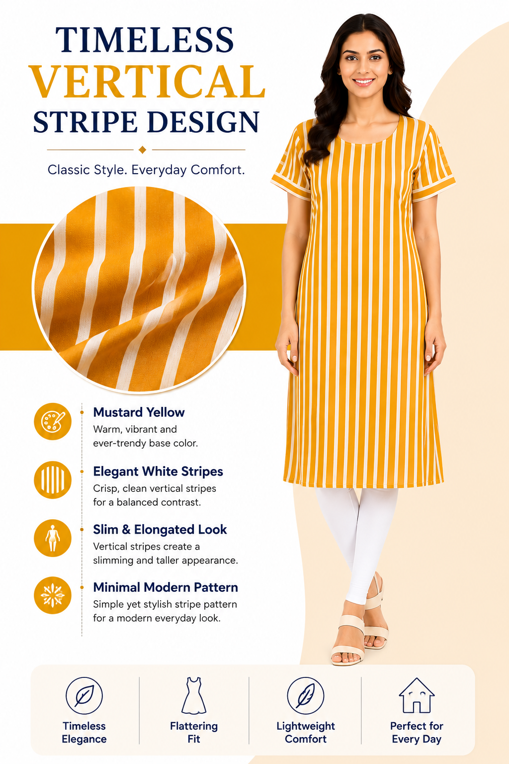 Women’s Mustard Yellow Printed Kurti | Poly Crepe | Knee Length Kurta for Women | Round Neck Short Sleeve Casual Regular Fit | M