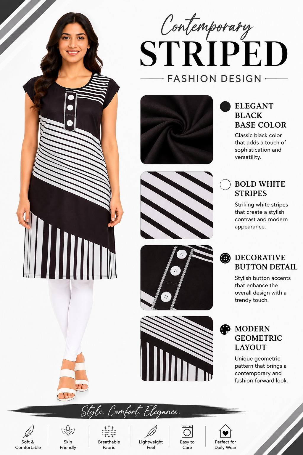 Women’s Printed Poly Crepe Kurti | Diagonal Stripe Design | Round Neck | Knee Length Kurta for Women | Cap Sleeve Casual & Office Wear | Regular Fit | L & XL