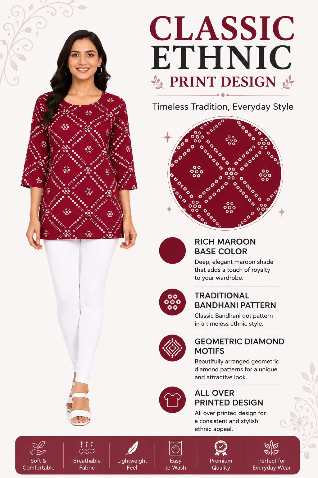 Women’s Burgundy Printed Poly Crepe Kurti | Knee Length Kurta for Women | 3/4 Sleeve Casual & Office Wear | Regular Fit | L