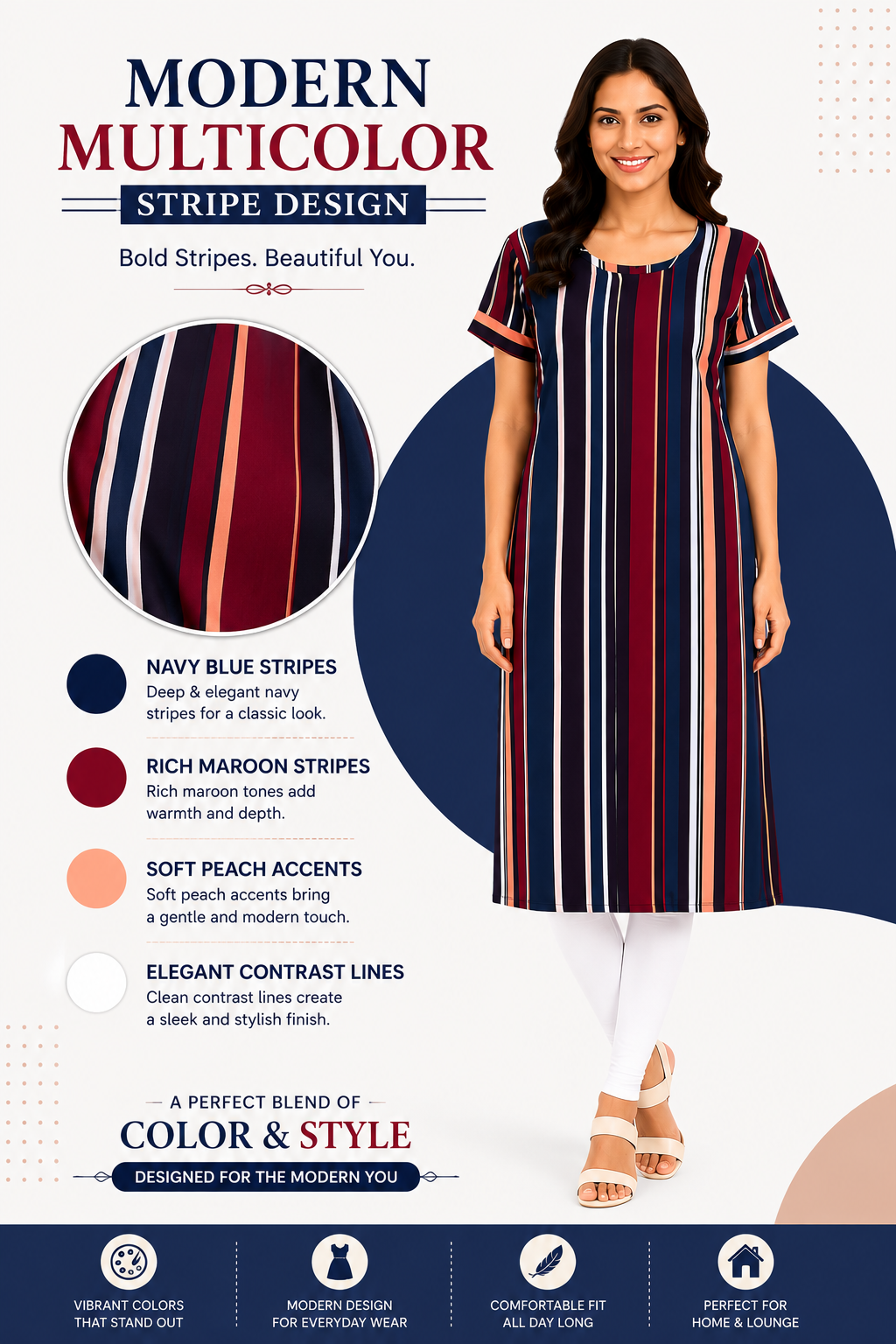 Women’s Printed Poly Crepe Kurti | Knee Length Round Neck Half Sleeve Casual Wear Kurti | M Size Navy Blue