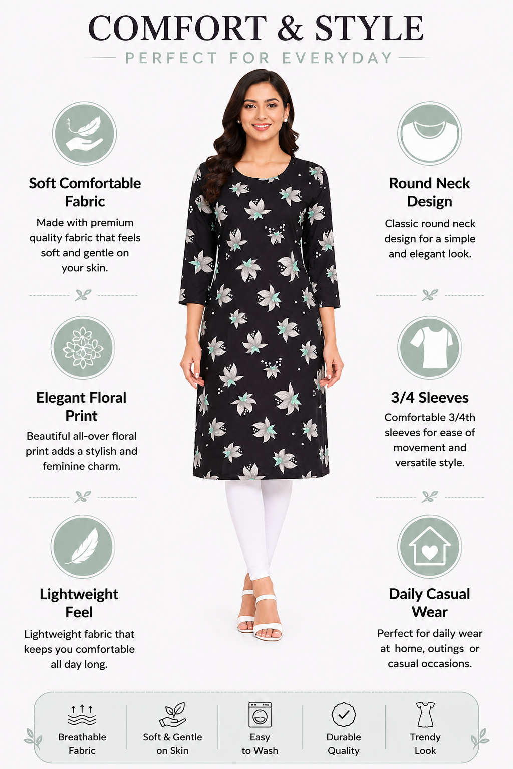 Women’s Blue Floral Printed Kurti | Poly Crepe | Knee Length Kurta for Women | 3/4 Sleeve Casual & Office Wear | Regular Fit | S