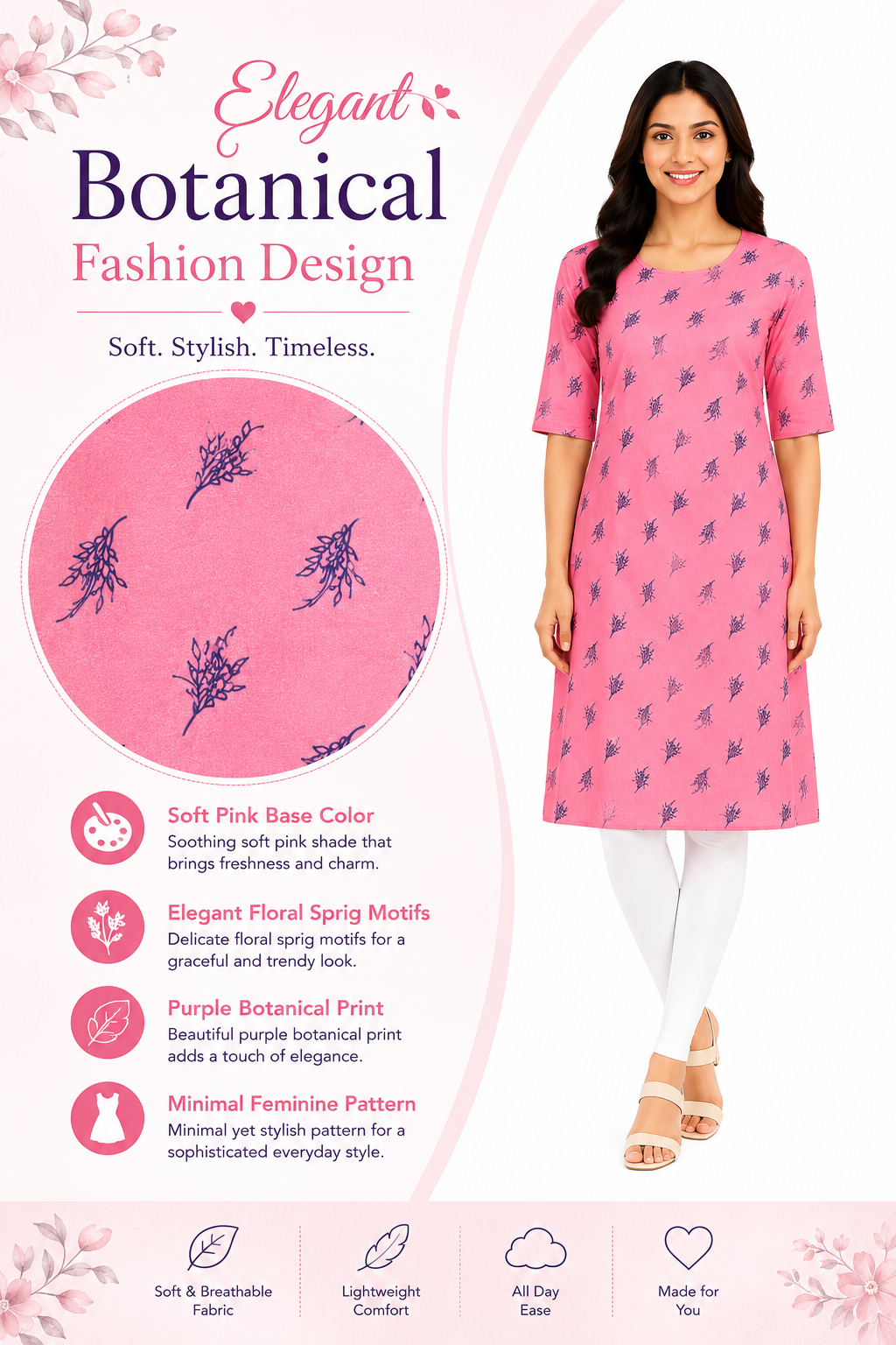 Women’s Printed Poly Crepe Kurti | Knee Length 3/4 Sleeve Casual Office Wear Kurti | XXL Size Pink