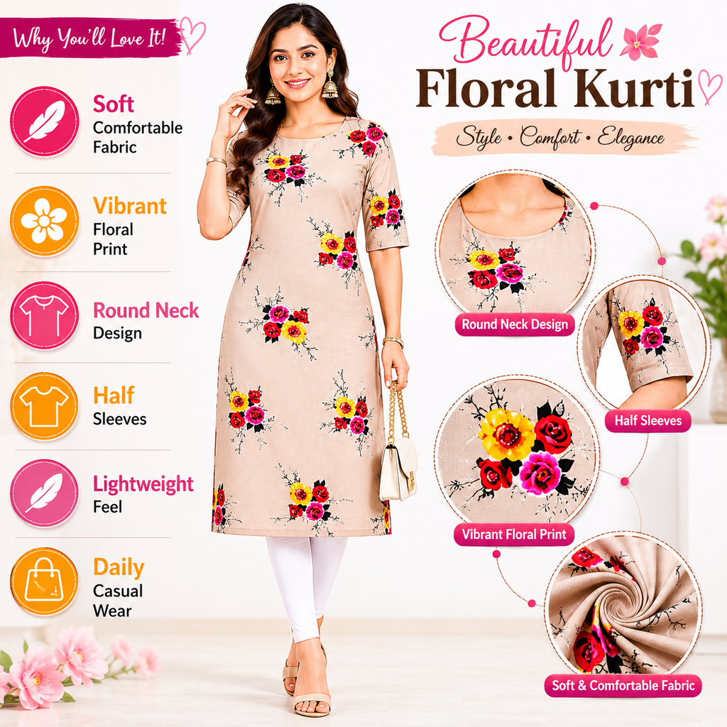 Women’s Floral Printed Poly Crepe Kurti | Knee Length Round Neck Short Sleeve Casual Wear Kurti | M Size Beige