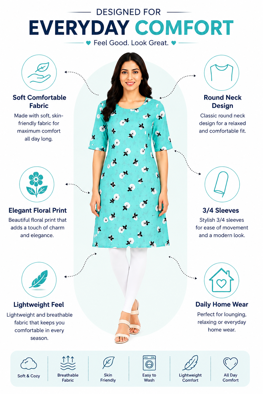 Women’s Parrot Green Printed Kurti | Poly Crepe | 3/4 Sleeve | Knee Length Casual Kurta for Women | Floral Design | XL