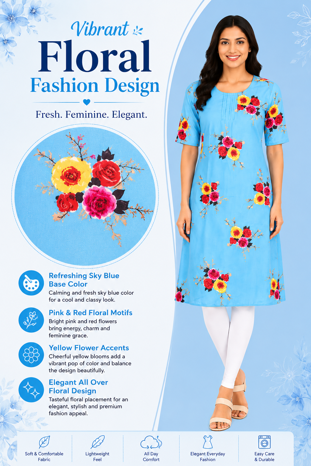 Women’s Sky Blue Floral Printed Poly Crepe Kurti | Round Neck | Half Sleeve | Knee Length Casual Kurta for Women | M Size