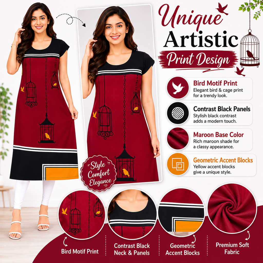 Women’s Burgundy & Black Printed Kurti | Poly Crepe | Knee Length Kurta for Women | Round Neck Casual & Office Wear | Regular Fit | S & XL