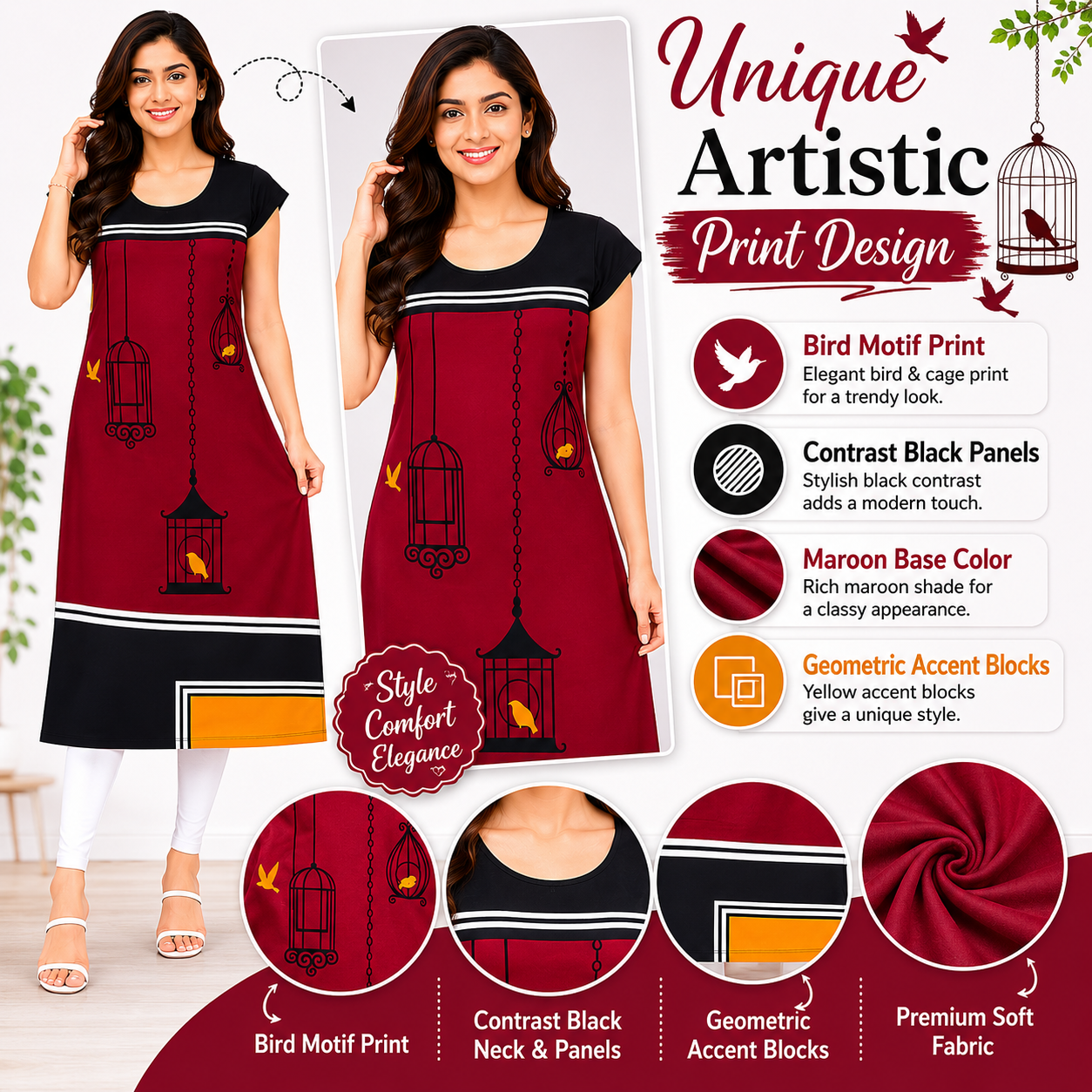 Women’s Burgundy & Black Printed Kurti | Poly Crepe | Knee Length Kurta for Women | Round Neck Casual & Office Wear | Regular Fit | S & XL