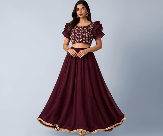 Women’s Georgette Lehenga Choli Set | Embroidered Blouse with Ruffle Sleeves | Flared Lehenga Skirt for Women | Maroon | XL