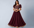 Women’s Georgette Lehenga Choli Set | Embroidered Blouse with Ruffle Sleeves | Flared Lehenga Skirt for Women | Maroon | XL