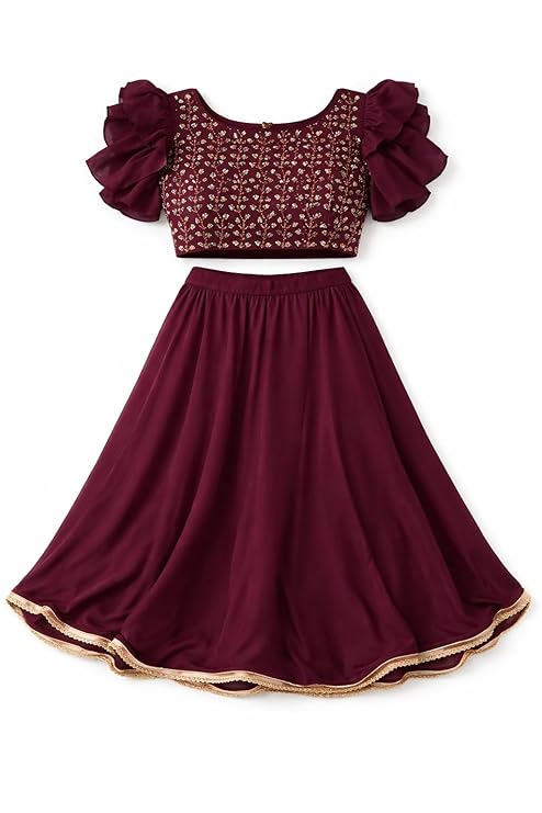 Women’s Georgette Lehenga Choli Set | Embroidered Blouse with Ruffle Sleeves | Flared Lehenga Skirt for Women | Maroon | XL