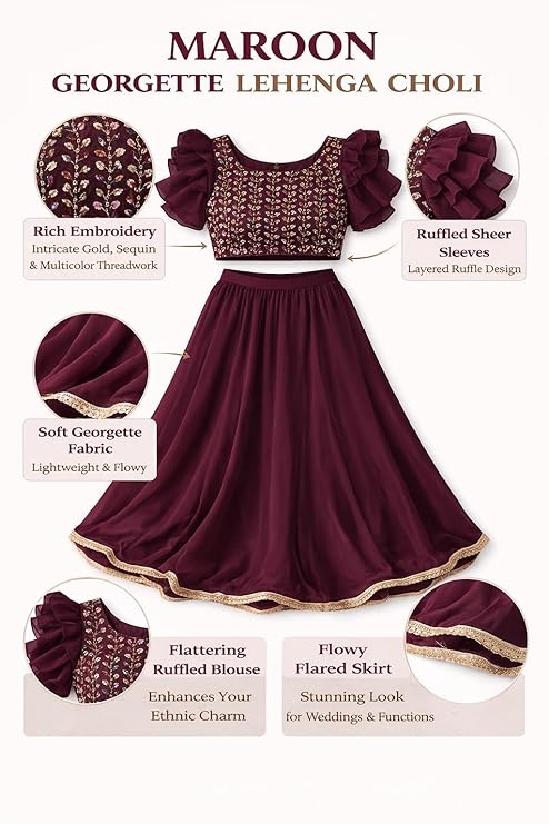 Women’s Georgette Lehenga Choli Set | Embroidered Blouse with Ruffle Sleeves | Flared Lehenga Skirt for Women | Maroon | XL