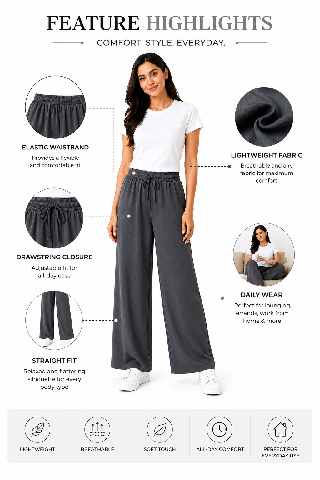 Women's Wide Leg Palazzo Pants, Elastic Waistband with Drawstring, Soft Lightweight Straight Fit, Free Size