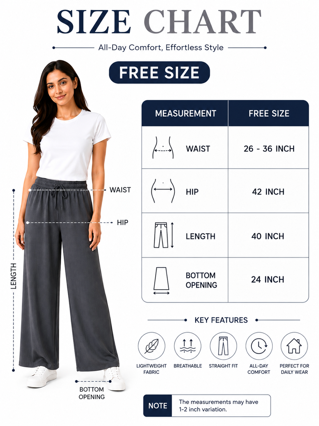 Women's Wide Leg Palazzo Pants, Elastic Waistband with Drawstring, Soft Lightweight Straight Fit, Free Size